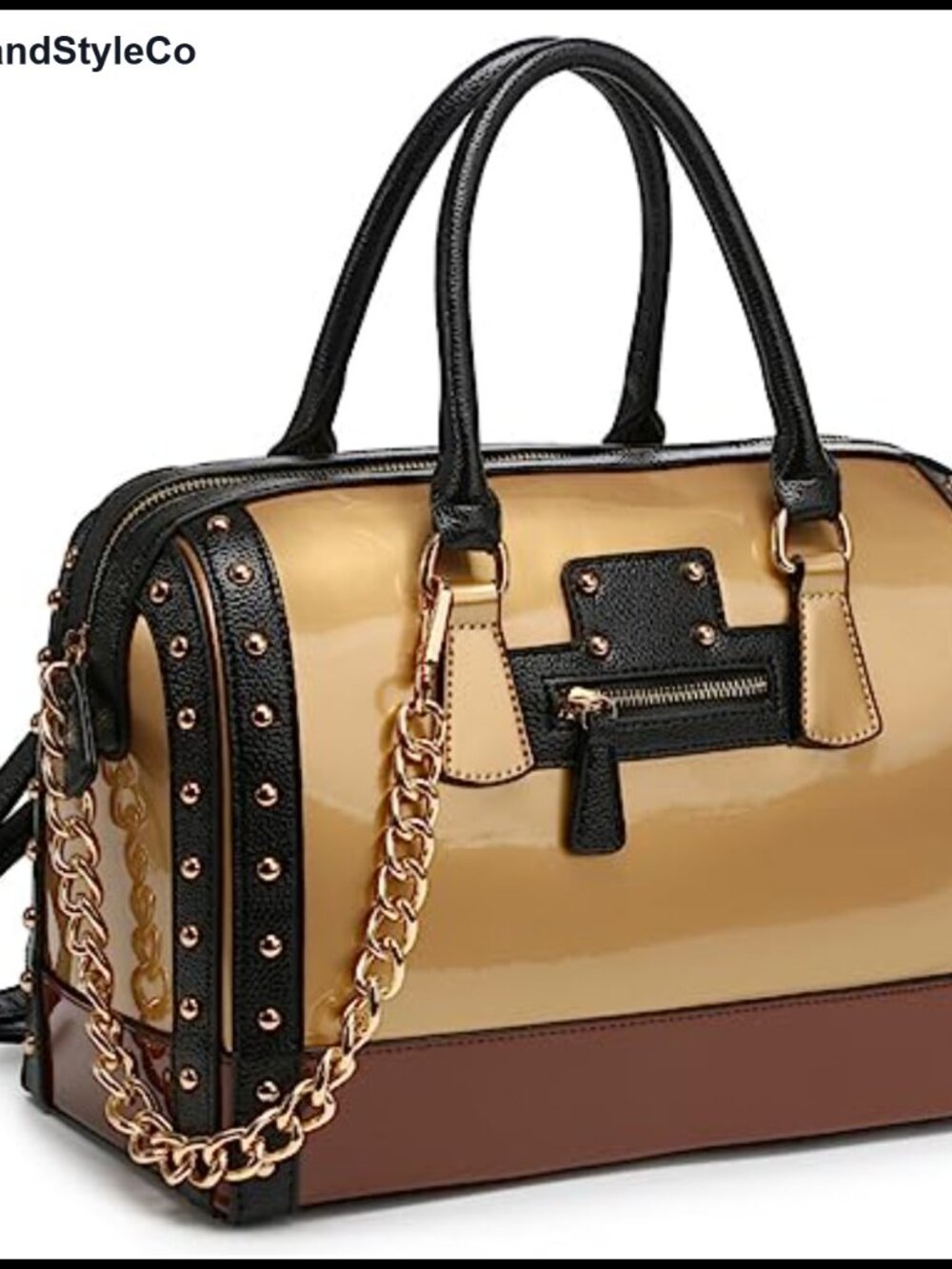 Shiny Patent Faux Leather Barrel Satchel Handbag Rivet Top Handle Shoulder Purse